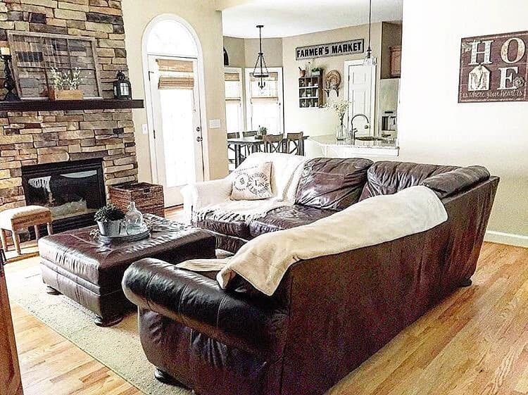 Brown Leather Sectional with Ottoman