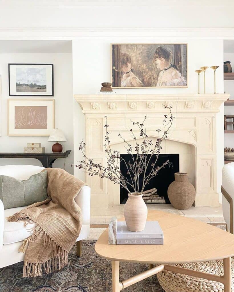 Calming Living Space with Vintage Fireplace Mantel