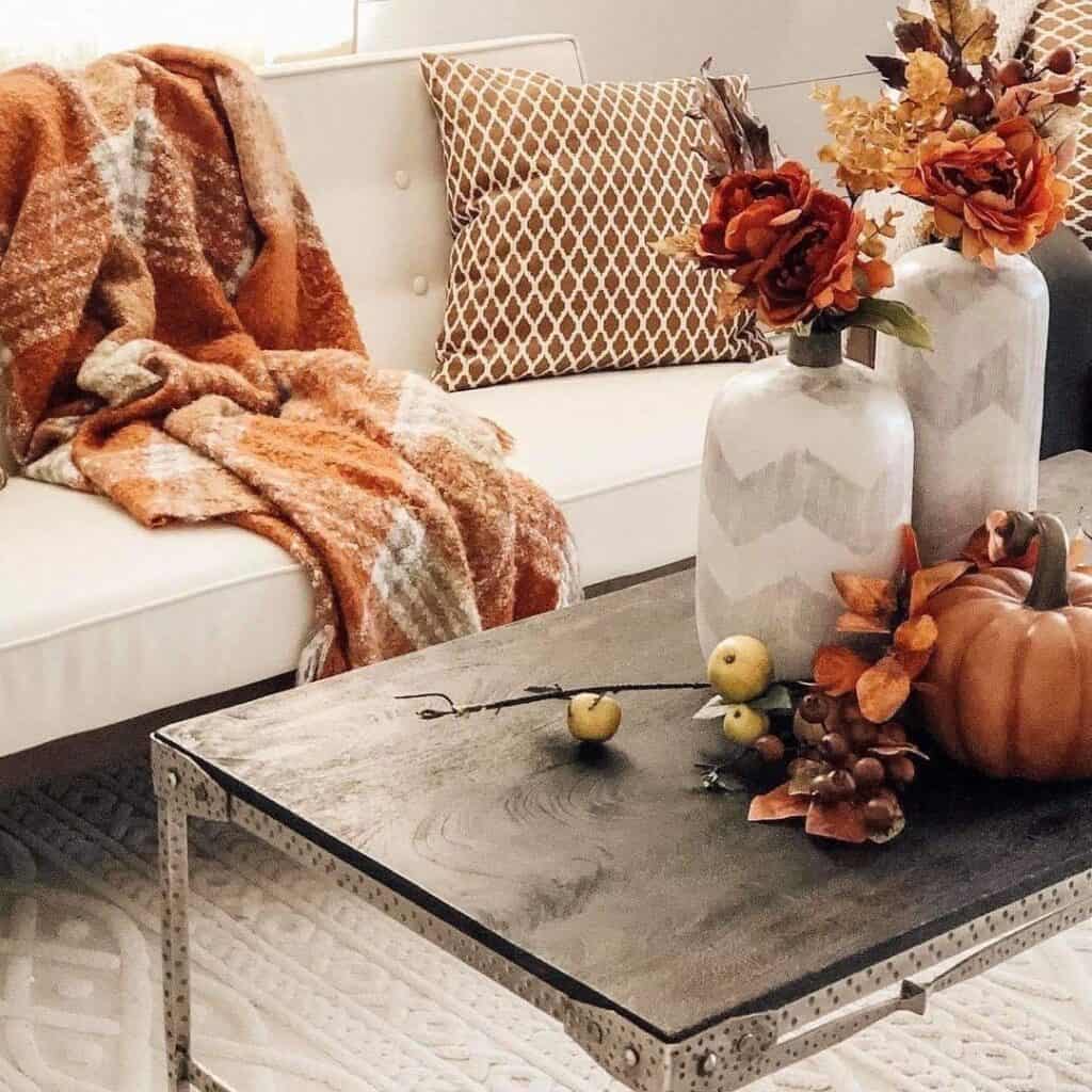 Chevron Vases and Pumpkin Fall Coffee Table Centerpiece