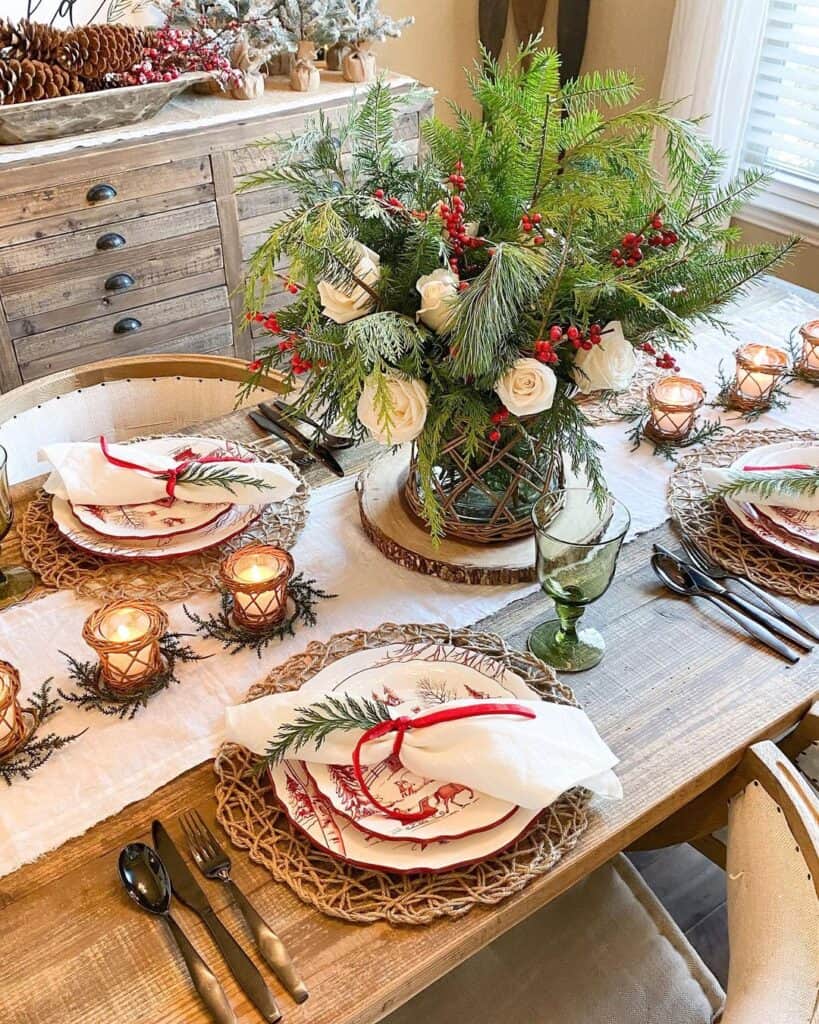 Christmas Bouquet Centerpiece on Rustic Wood Dining Table
