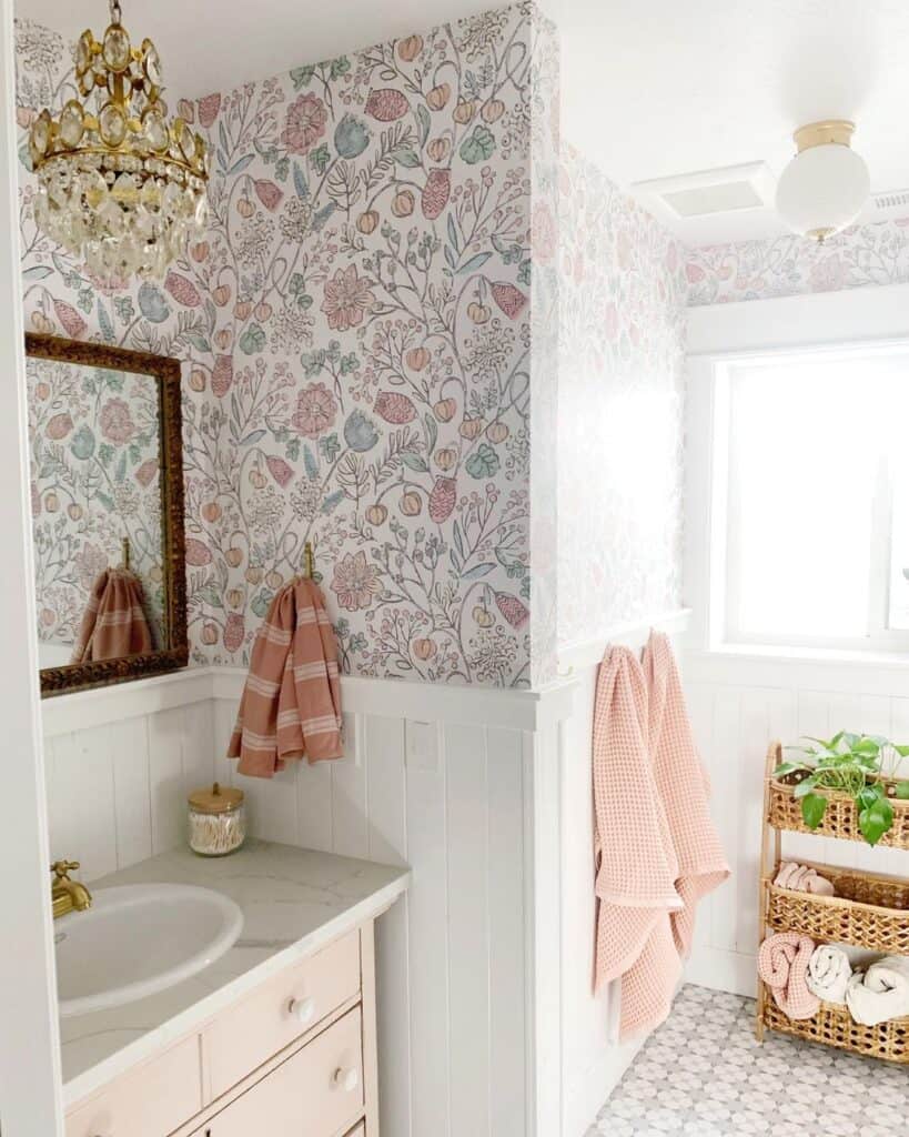 Colorful Floral Wallpaper with White Wainscoting