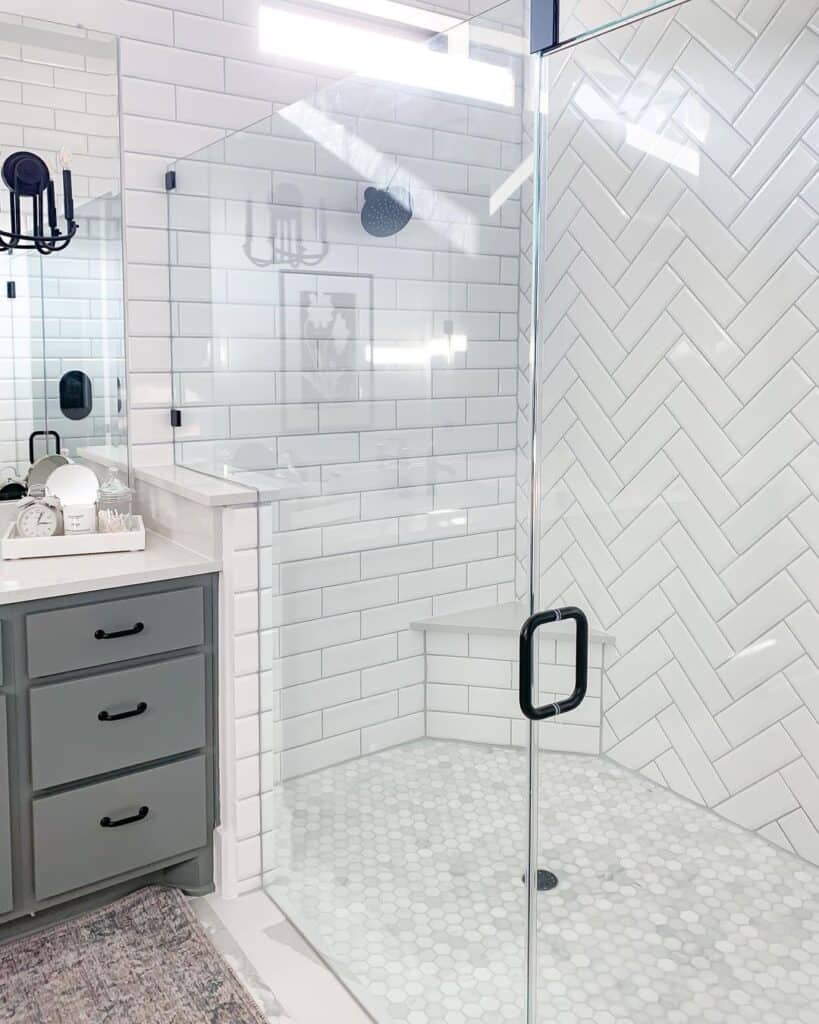 Corner Shower Bench and Gray Vanity