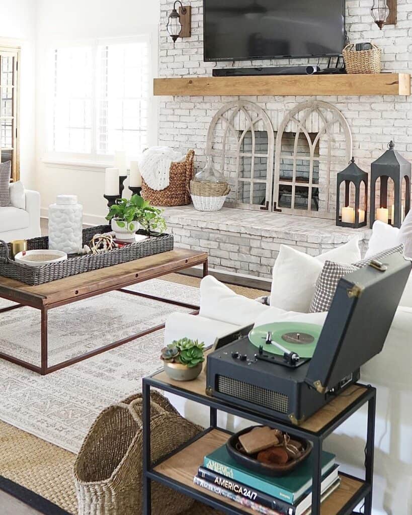 Cozy and Functional Living Room with White Brick Fireplace