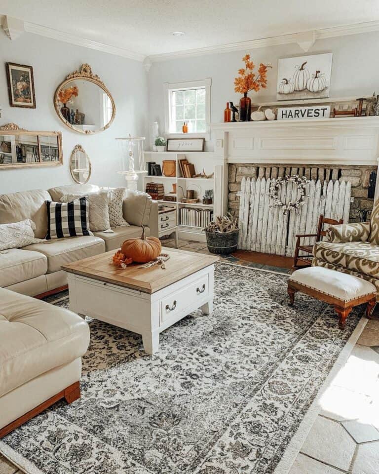 Cream Corner Sofa with Fenced Fireplace