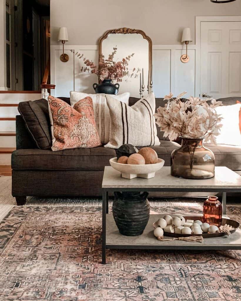 Dark Brown Sofa with Stone and Metal Coffee Table Decor