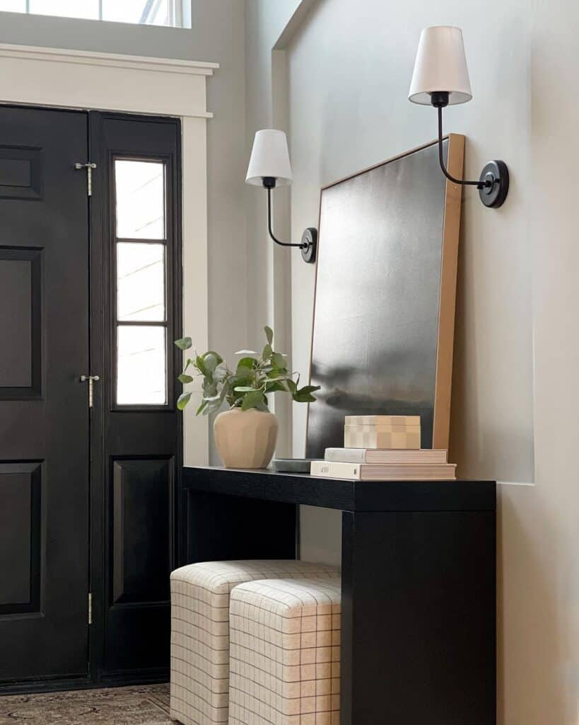 Dark Console Table with Light Poufs