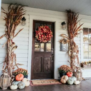 Dark Farmhouse Front Door with Fall Decorations