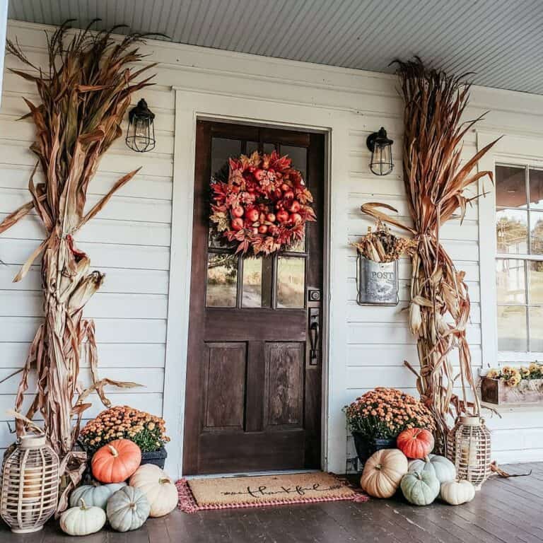 Dark Farmhouse Front Door with Fall Decorations