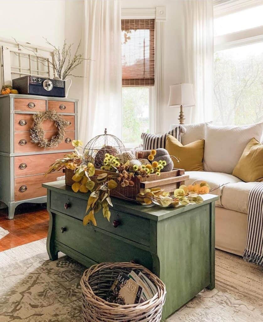 Dark Green Coffee Table with Autumn Decor