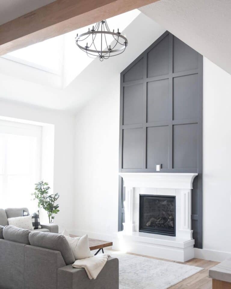 Dark Grey Board and Batten With a White Fireplace