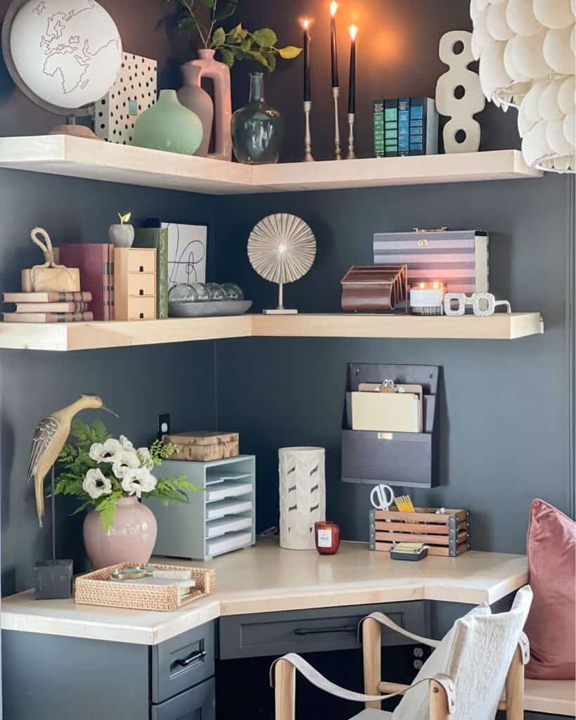 Dark Grey Office with Floating Corner Shelves