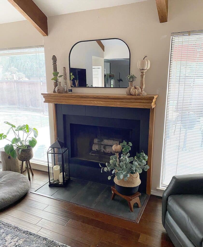 Dark Neutral Fireplace with Wood Mantel