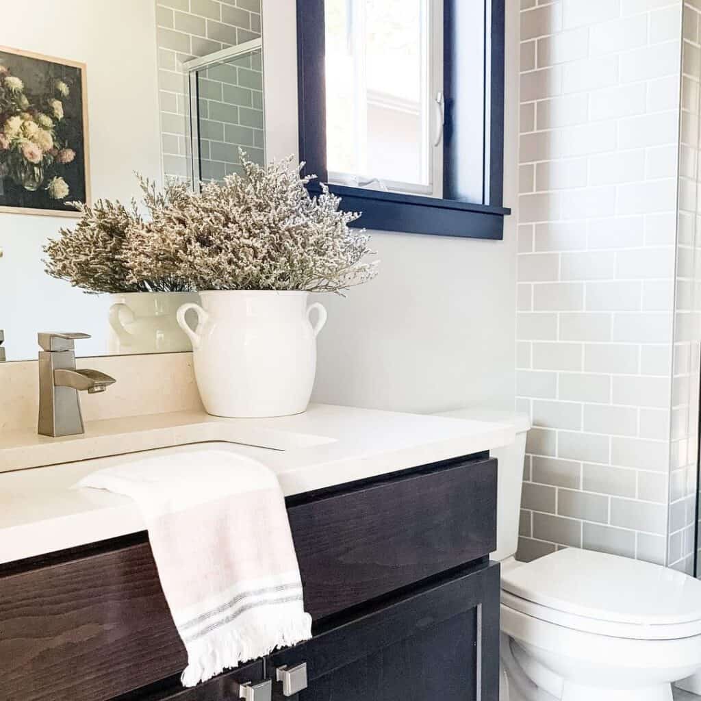 Dark Stained Wood Farmhouse Bathroom Vanity