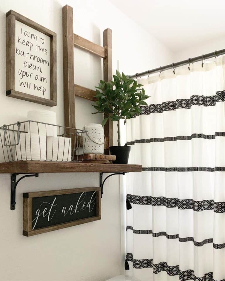 Decorative Wood Accessories on Bathroom Shelf