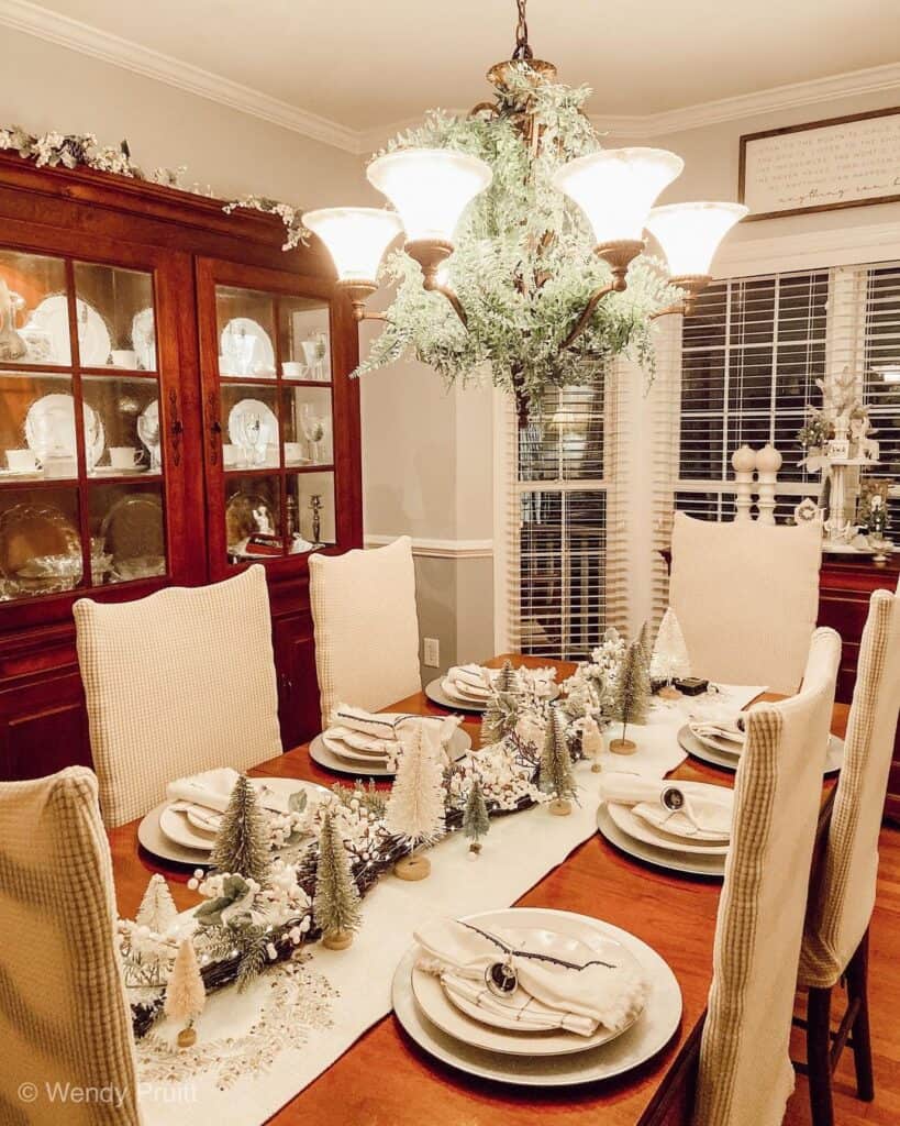 Dining Room Table with White Christmas Decor