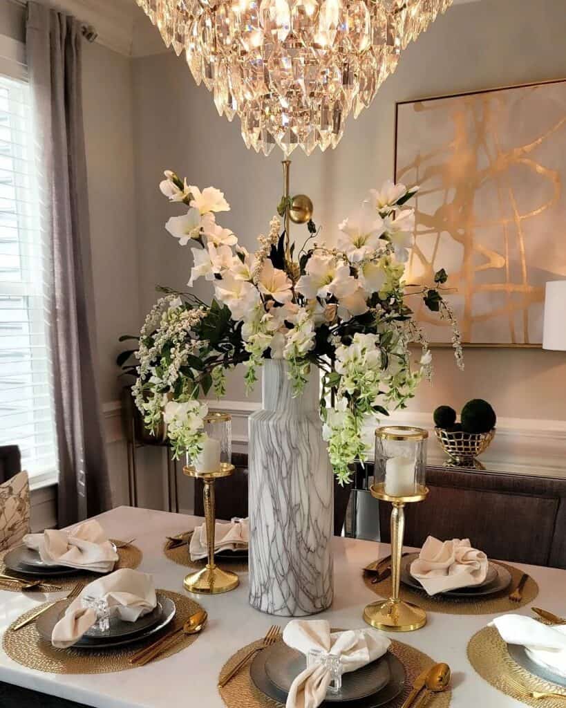Dining Room with Stone Vase Flower Arrangement
