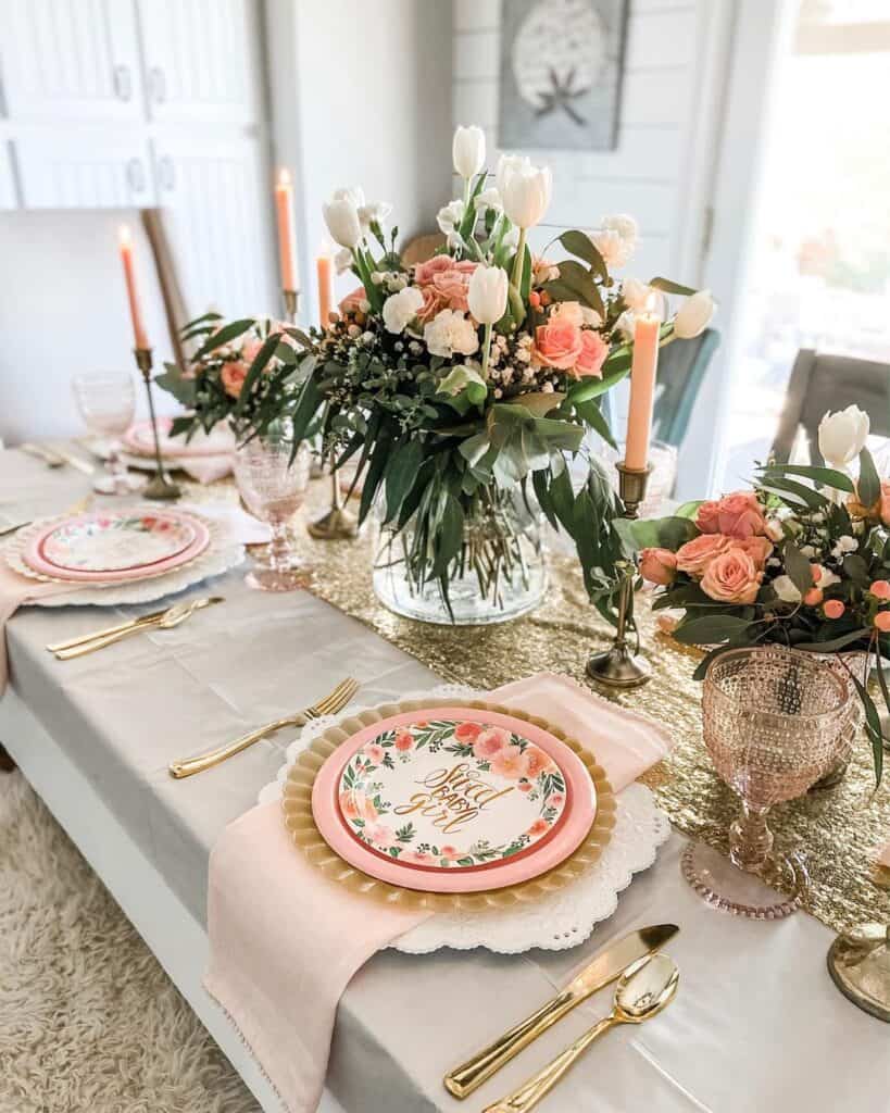 Dining Room with White Tulip and Pink Rose Centerpieces - Soul & Lane