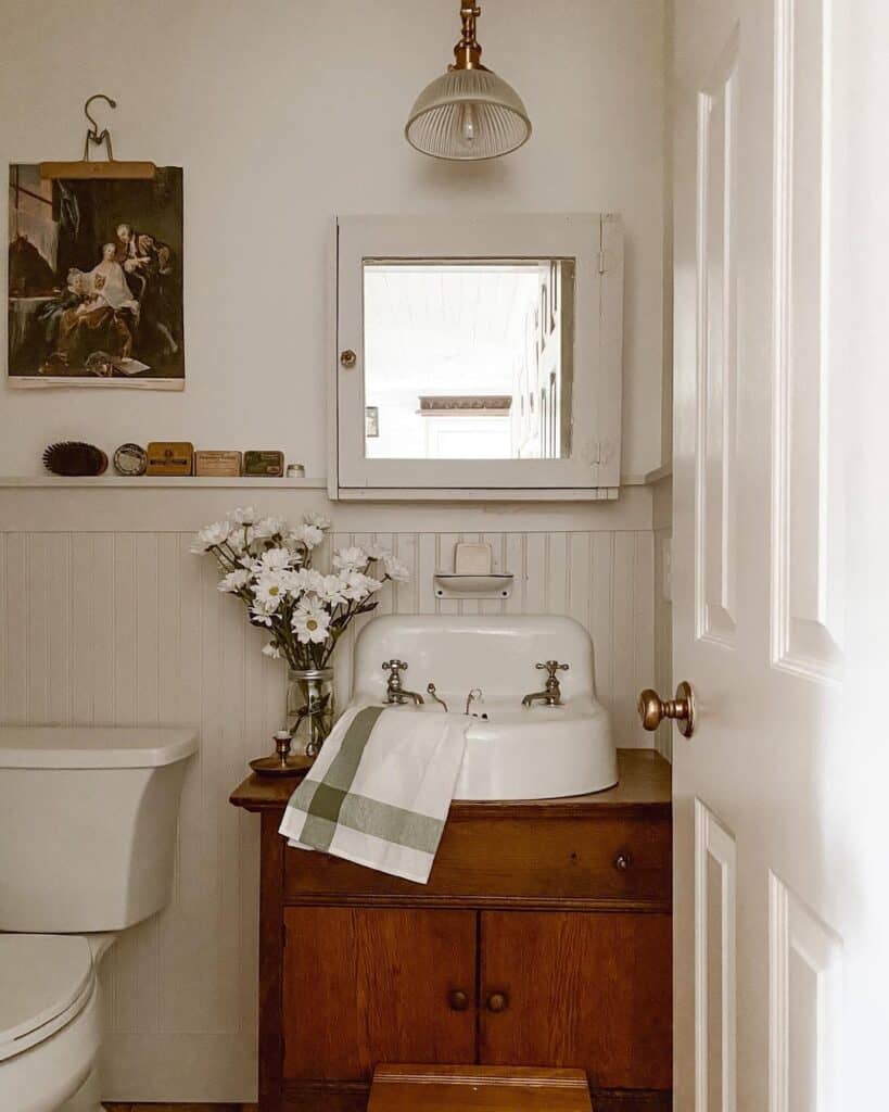 Double Faucet Sink on Wood Single Vanity