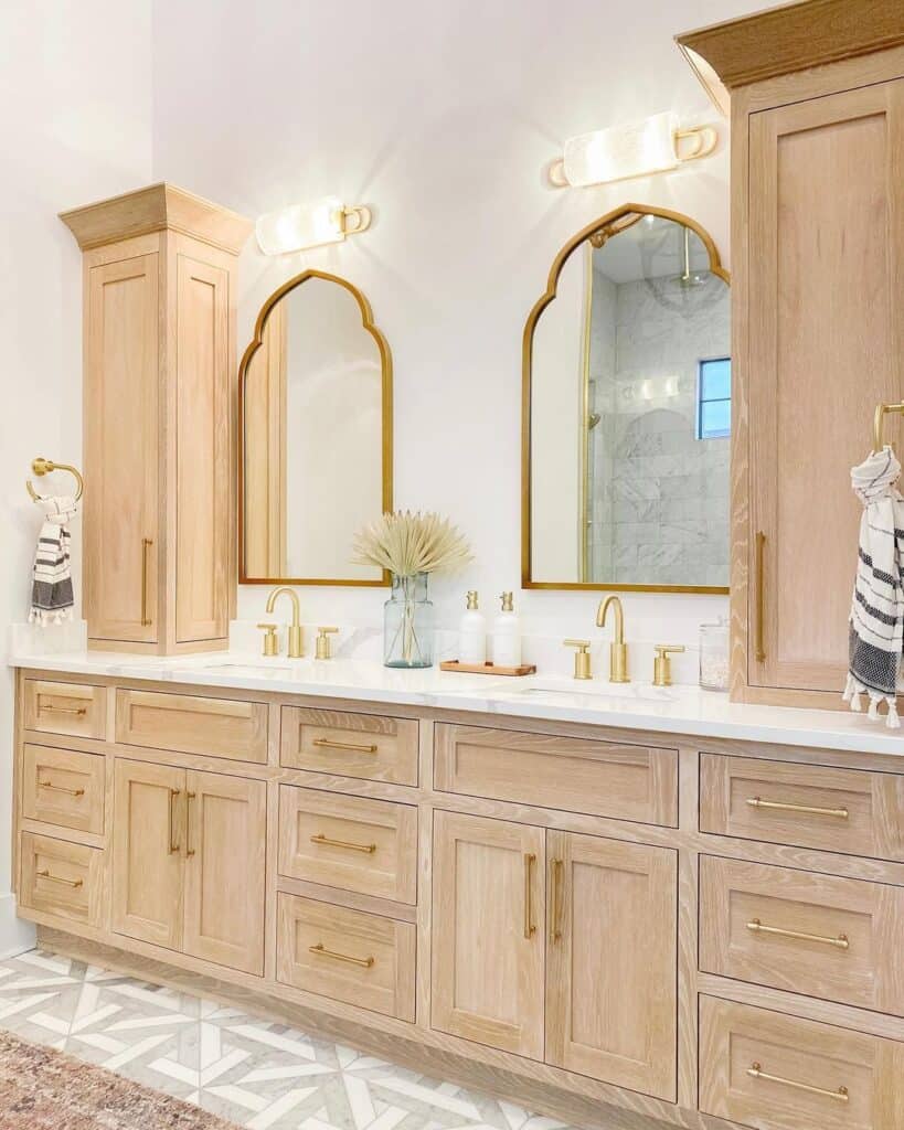 Double Natural Wood Vanity with Gold Hardware