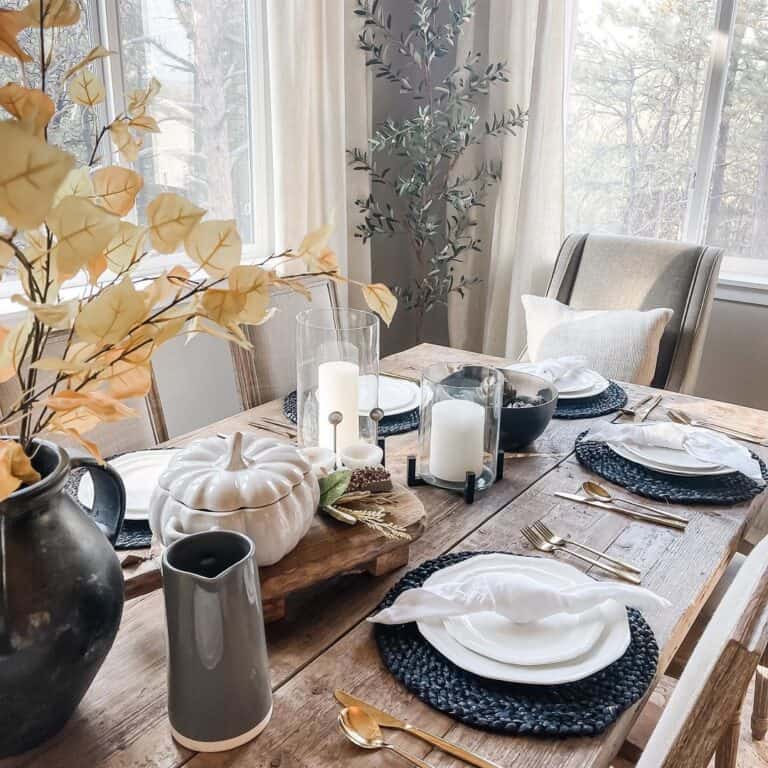 Dried Flowers on Blue-Themed Dining Table