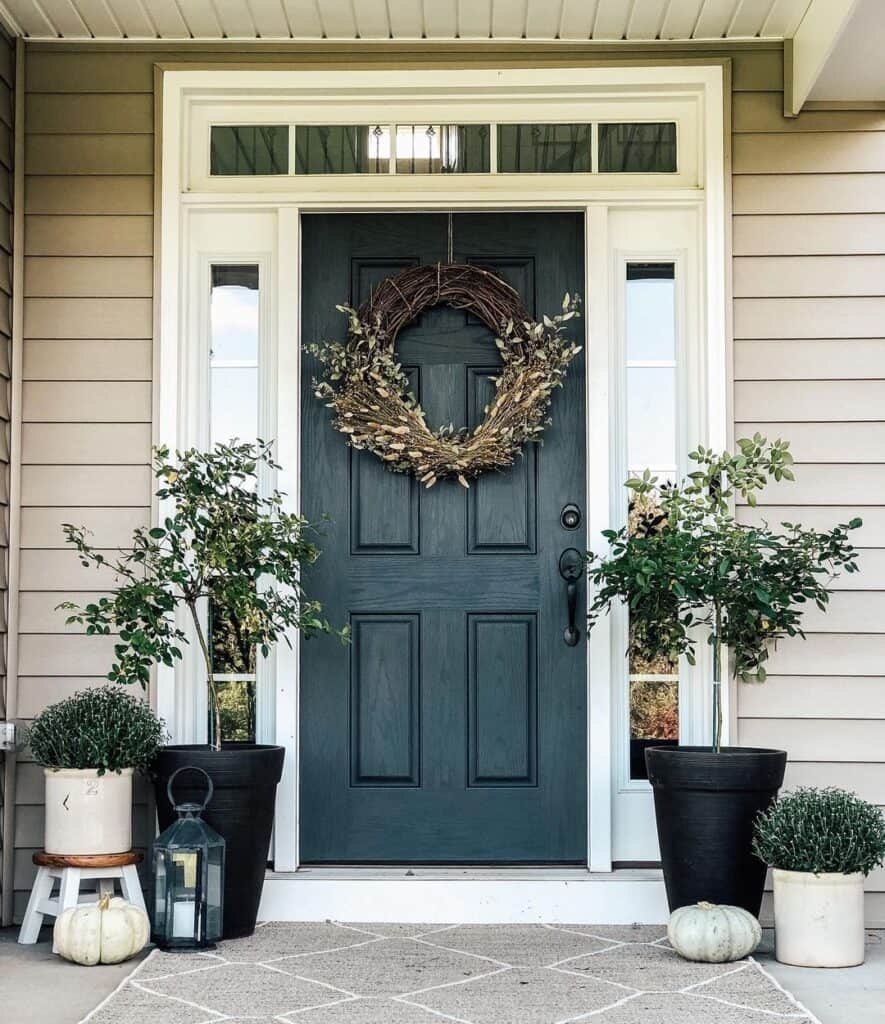 Dried Wreath on an Ash-Colored Front Door