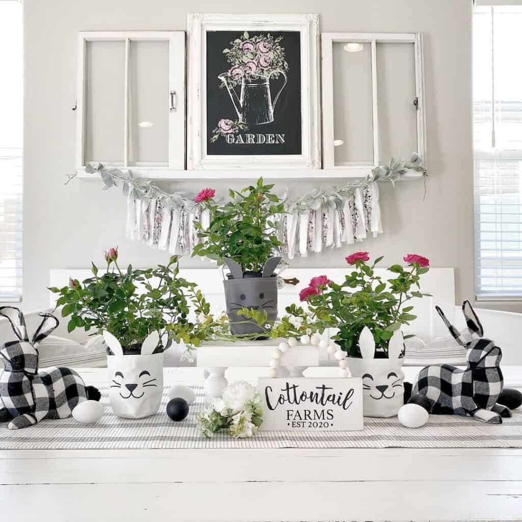 Easter Decor Among Black and White Centerpieces