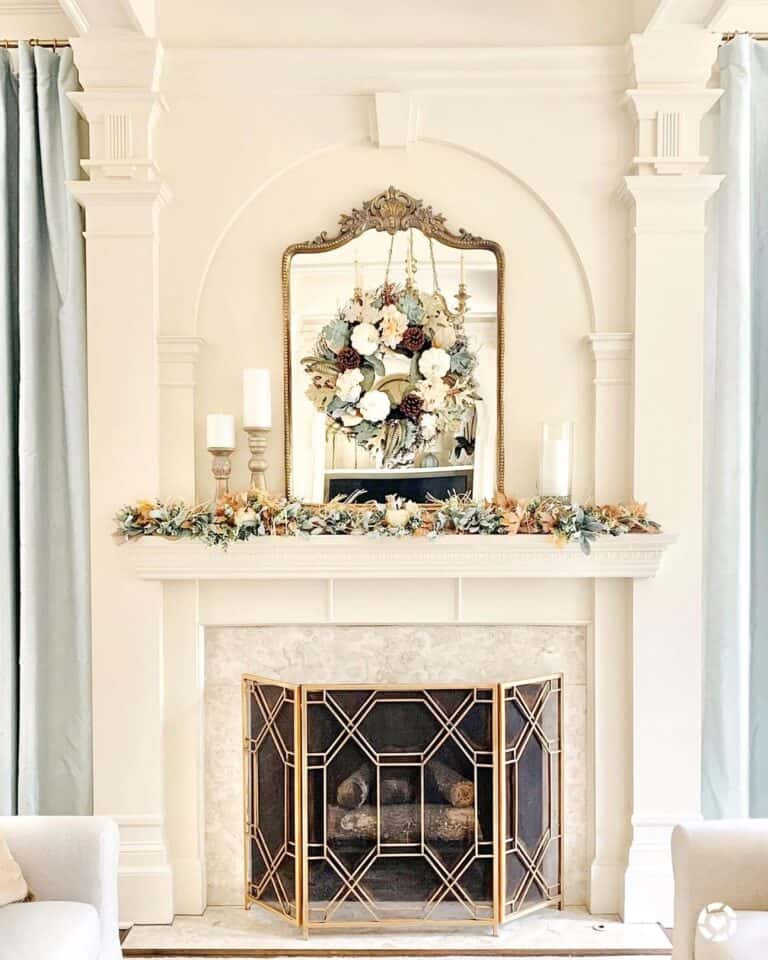 Eggshell Fireplace Mantle with Fall Wreath