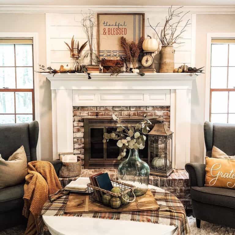 Fall Decor Display on Mantelpiece