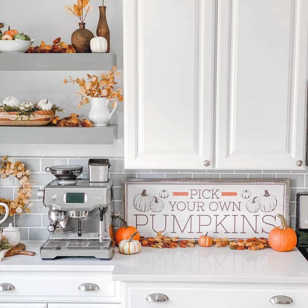 Fall Farmhouse Kitchen Sign and Orange Pumpkins