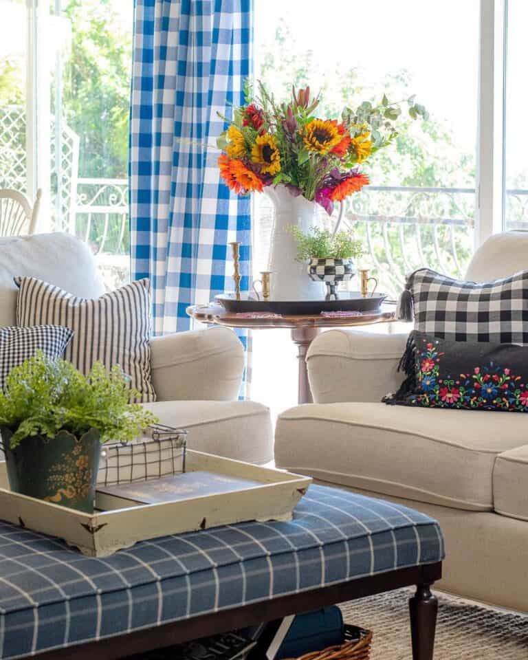 Fall Floral Arrangement in Blue and White Living Room