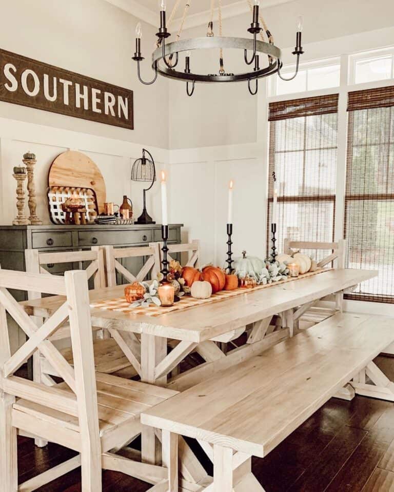 Fall Foliage and Pumpkins on Farmhouse Table