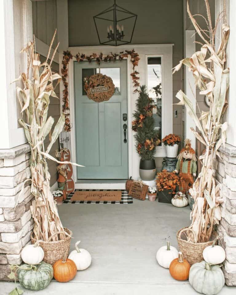 Fall Front Door Decor with Dried Corn Stalks