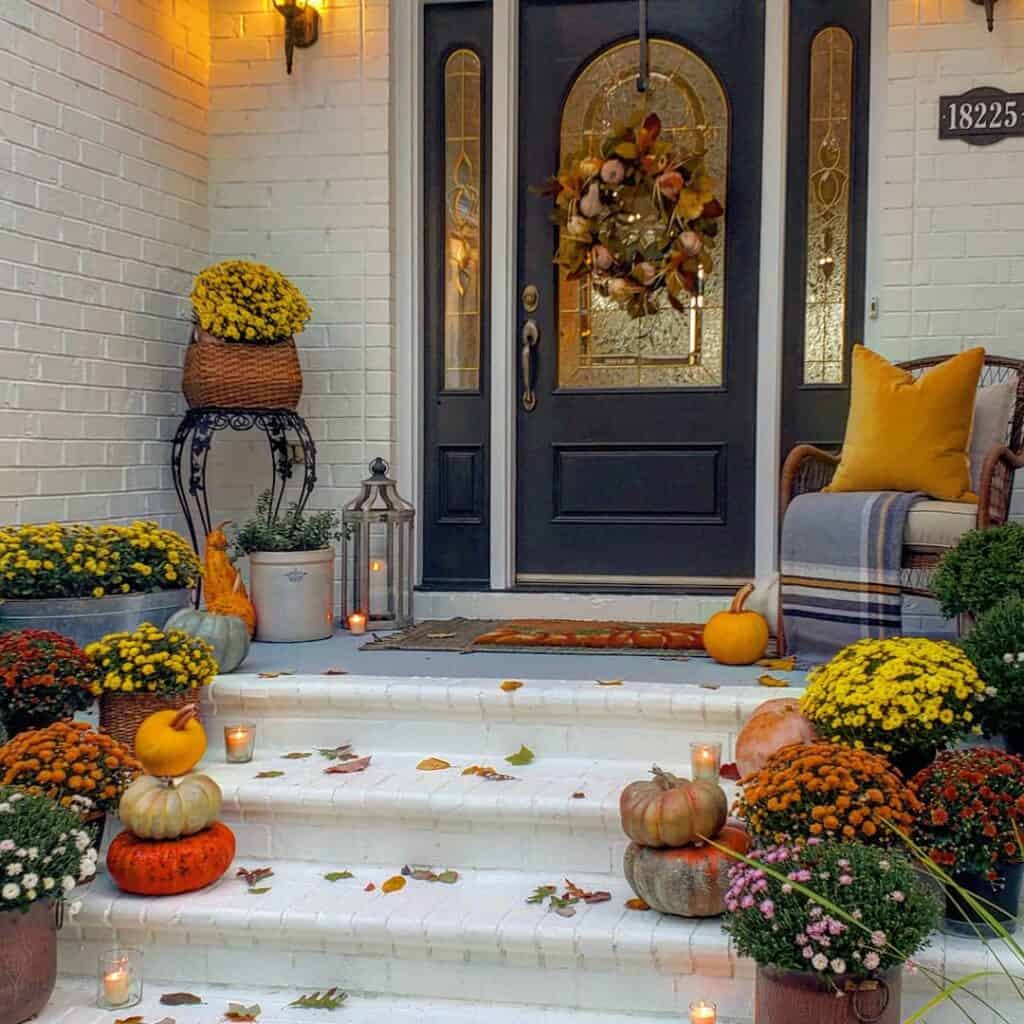 Fall Wreath on an Iron Ore Front Door With Sidelights