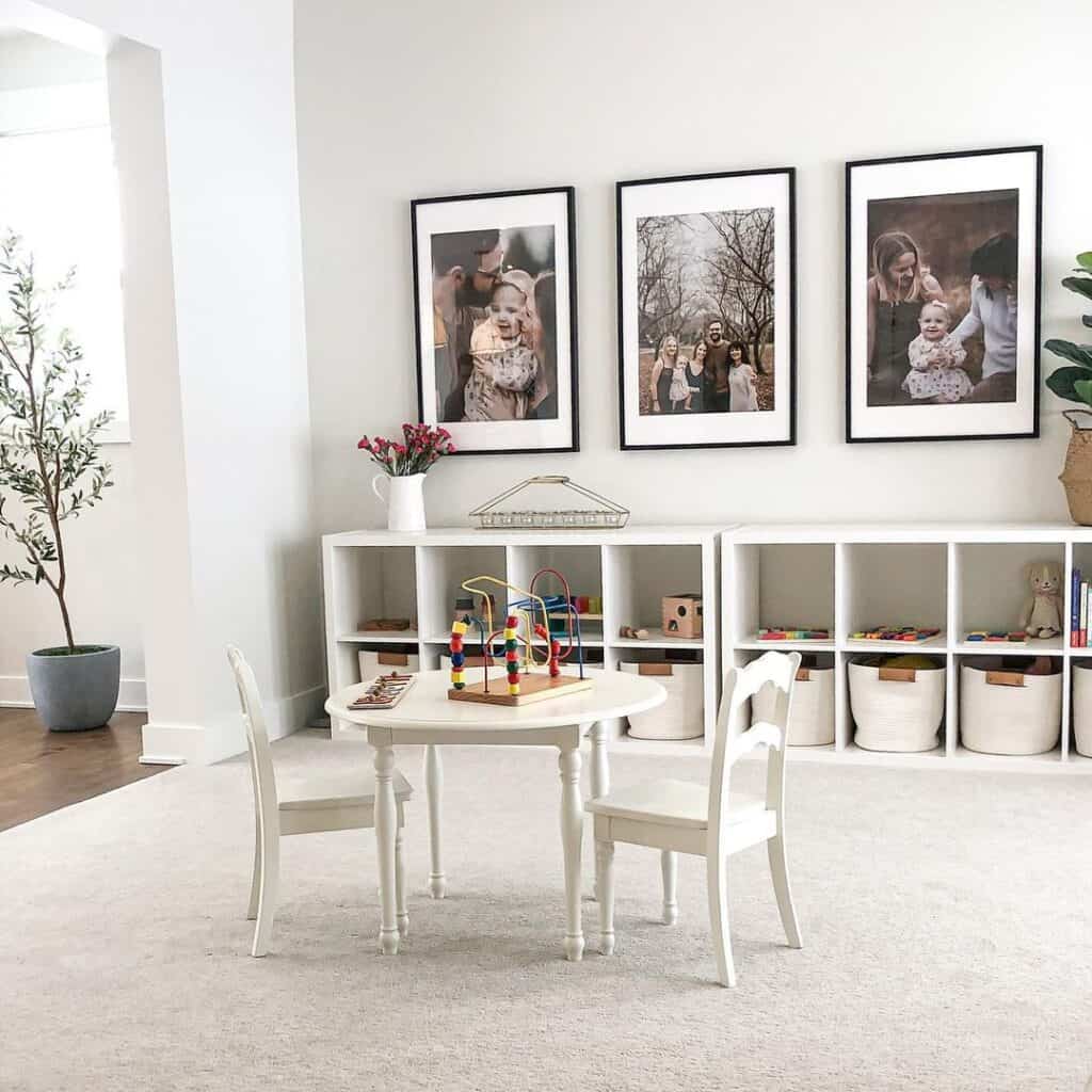 Family Portraits Above a Low White Shelving Unit