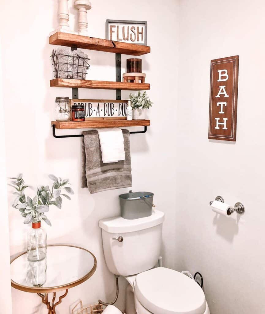 Farmhouse Décor on Bathroom Towel Shelf Rack