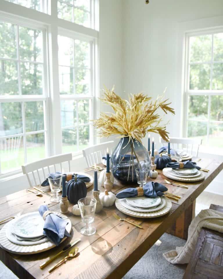 Farmhouse Dining Room with Blue Table Styling
