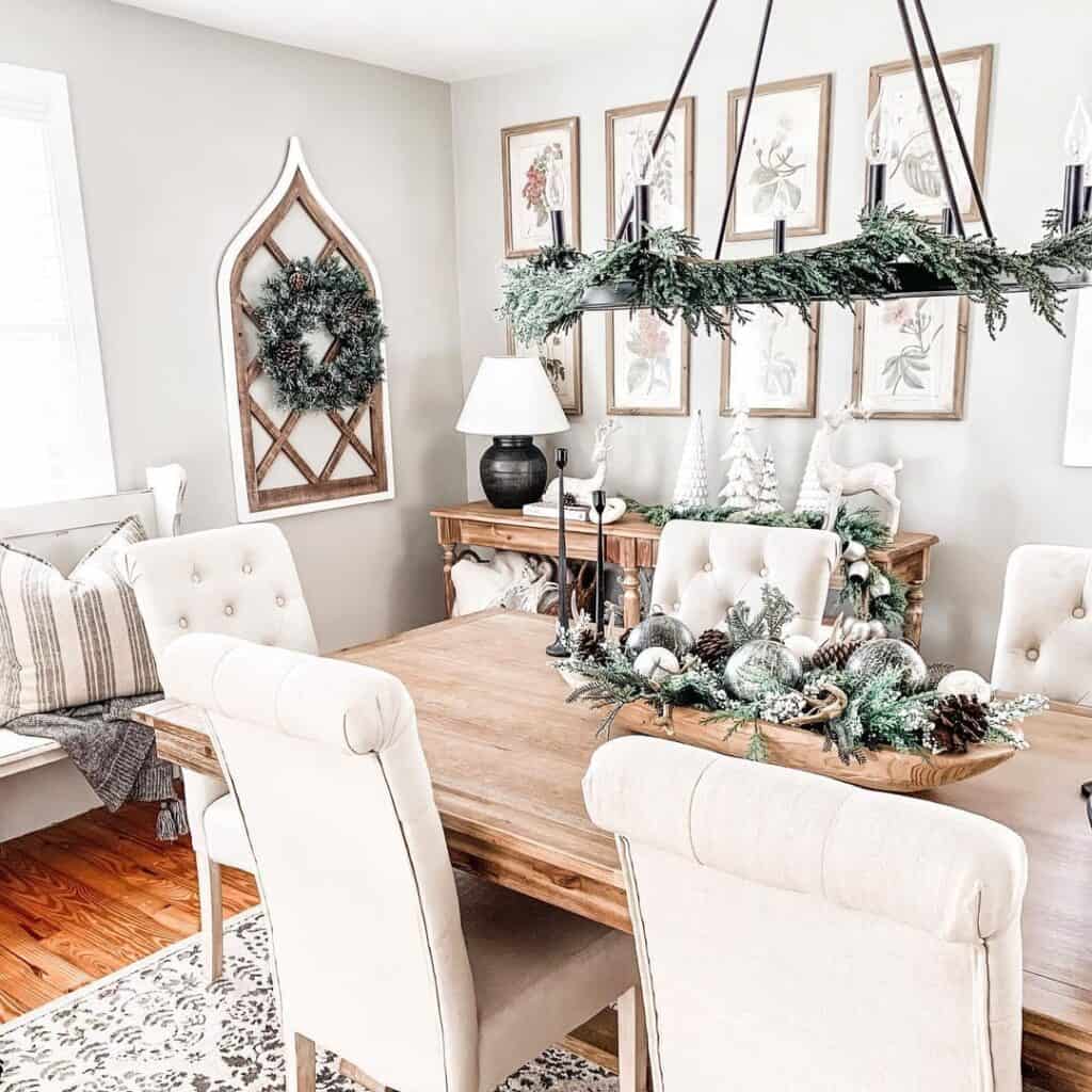 Farmhouse Dining Room with Silver and White Wood Tray Centerpiece