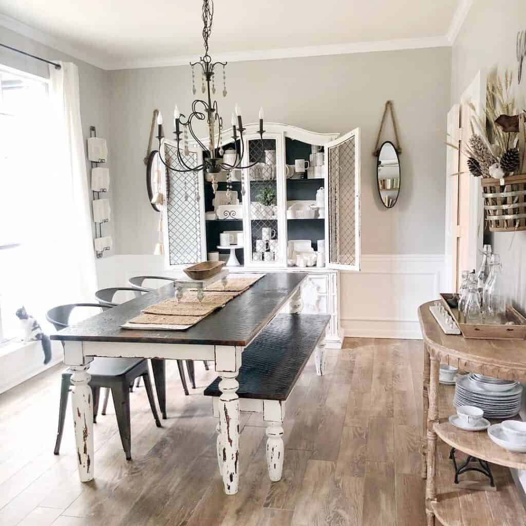 Farmhouse Dining Room with White Hutch