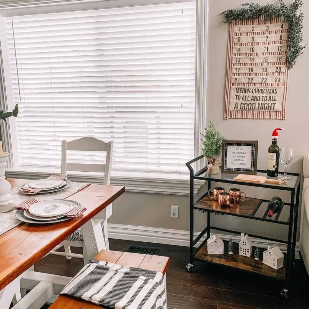 Farmhouse Dining Table With Christmas Bar Cart Decorations