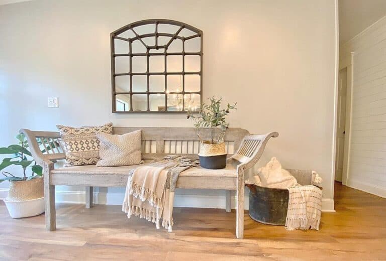 Farmhouse Entryway with Vintage Wood Bench