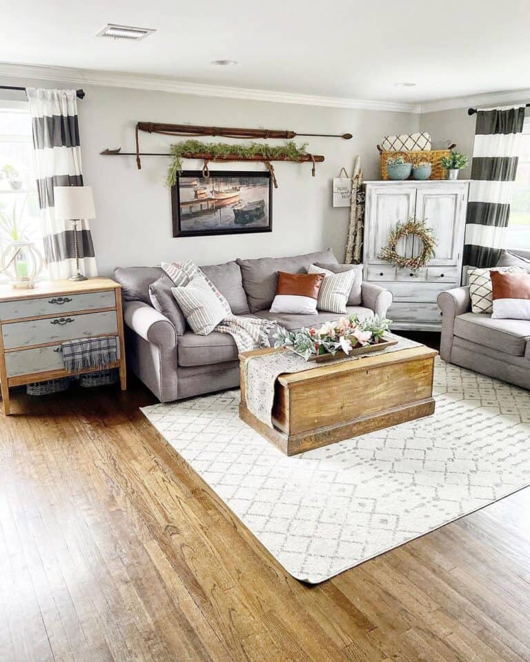 Farmhouse Furniture Surrounds Grey Roll Arm Couches