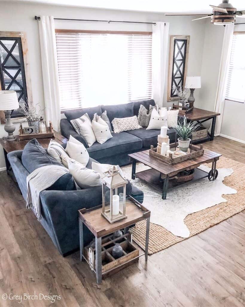 Farmhouse Living Room with Blue Couches