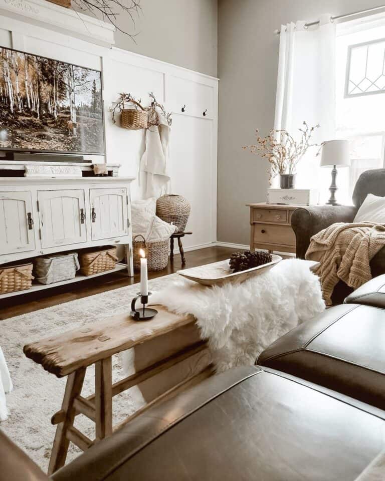 Farmhouse Living Room with Rustic Wood Bench