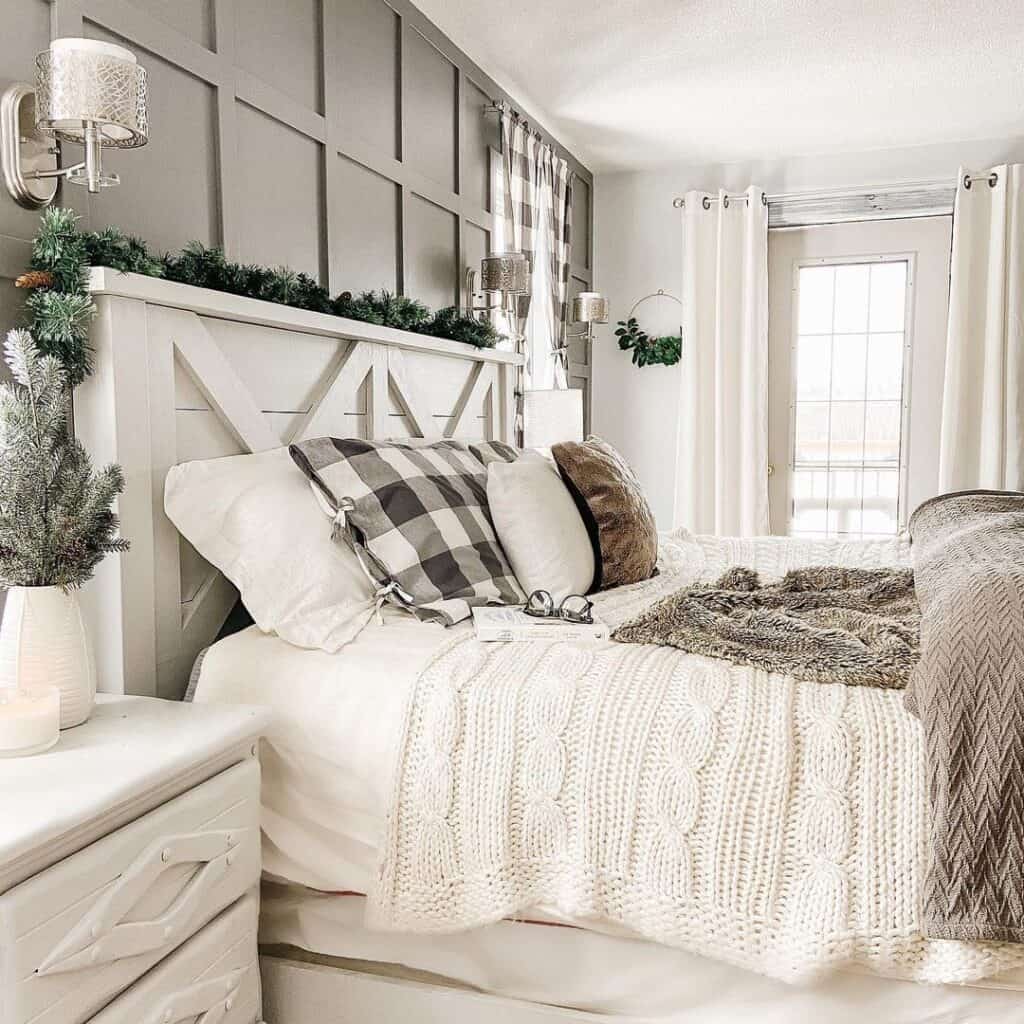 Farmhouse-Style White Wood Headboard in Gray and White Room