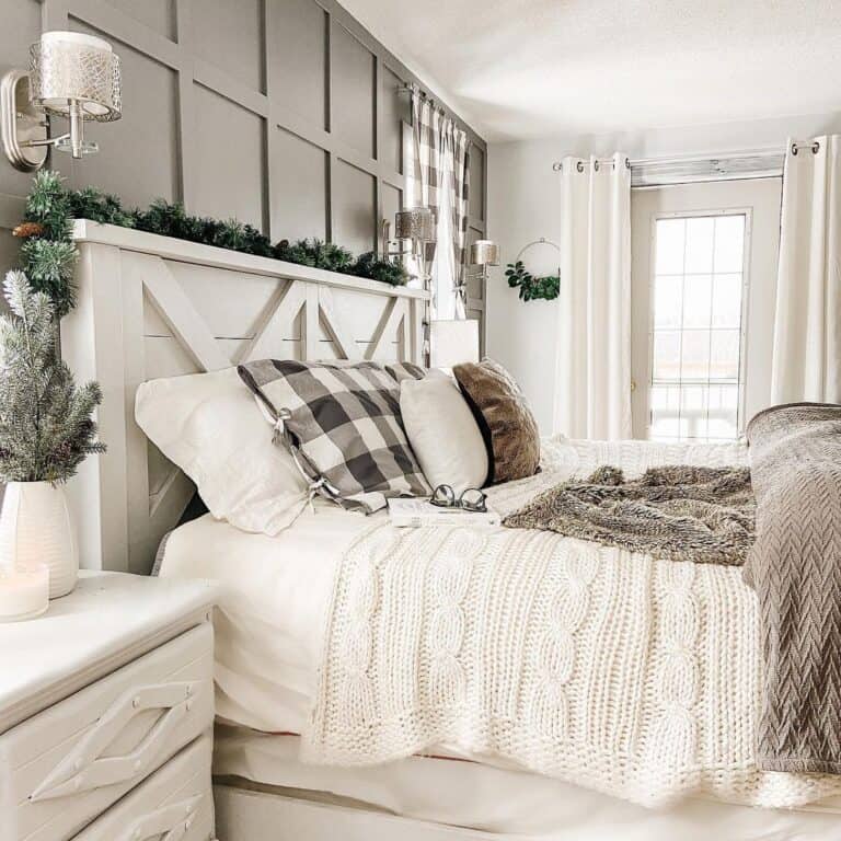 Farmhouse-Style White Wood Headboard in Gray and White Room