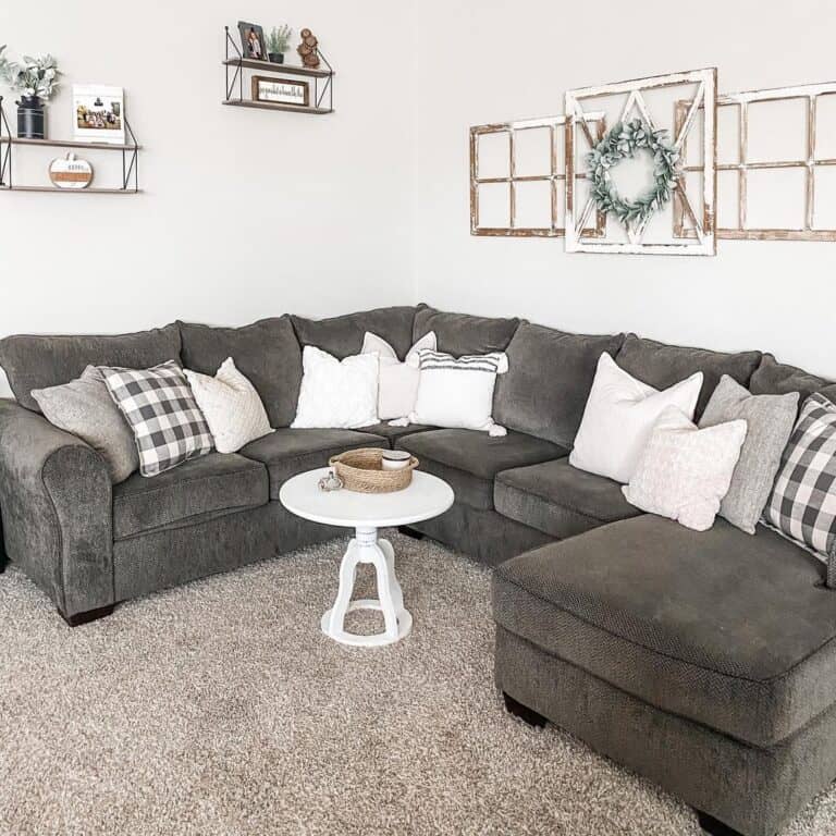 Farmhouse Window Pane Decor Above Grey Couch