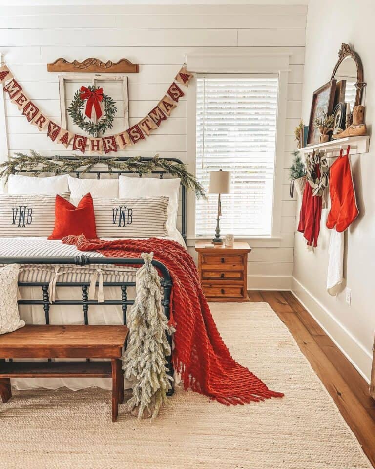 Festive Bedroom with Throws and Christmas Bunting