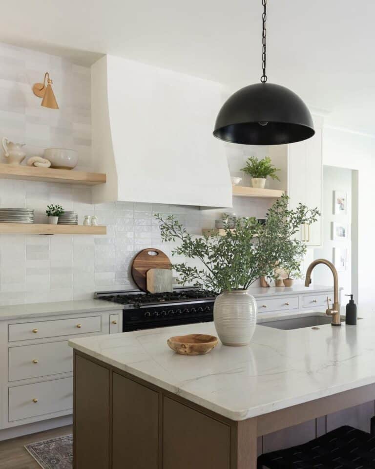 Floating Wood Shelves and Gold Sconce Kitchen
