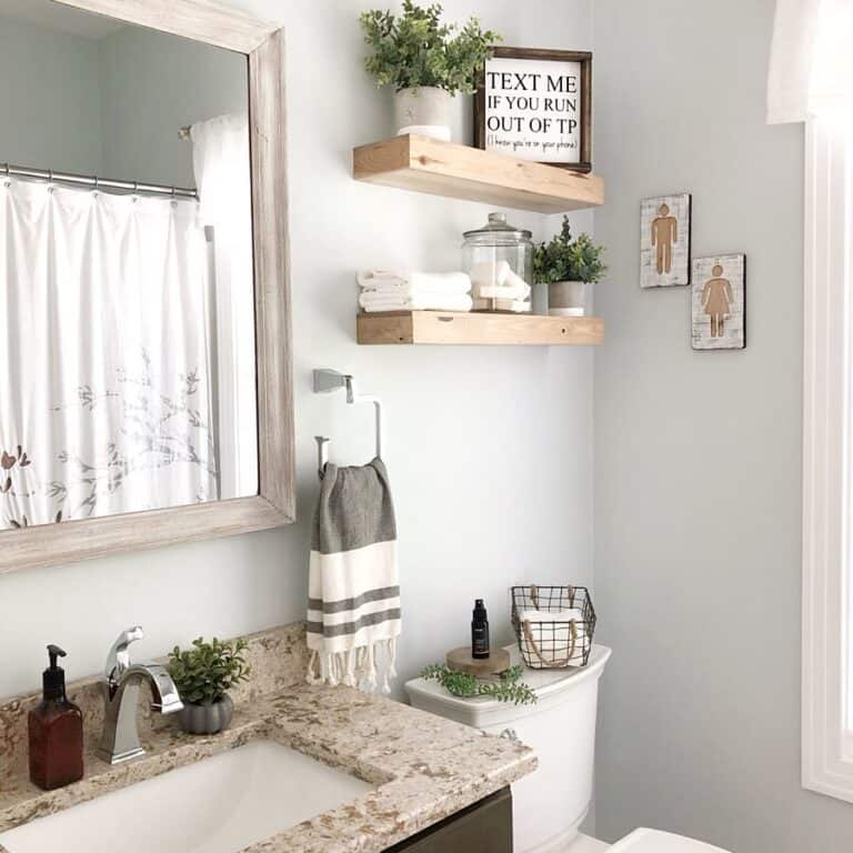 Floating Wood Shelves to Display Guest Bathroom Signs