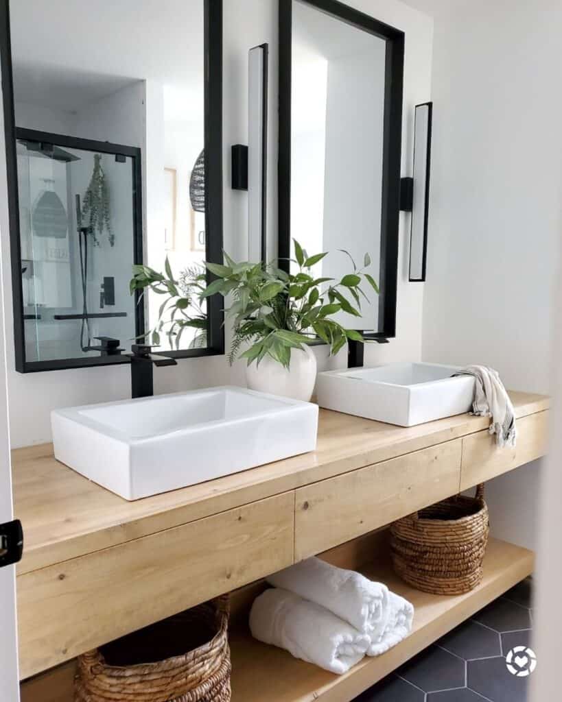 Floating Wood Vanity with Black Accents